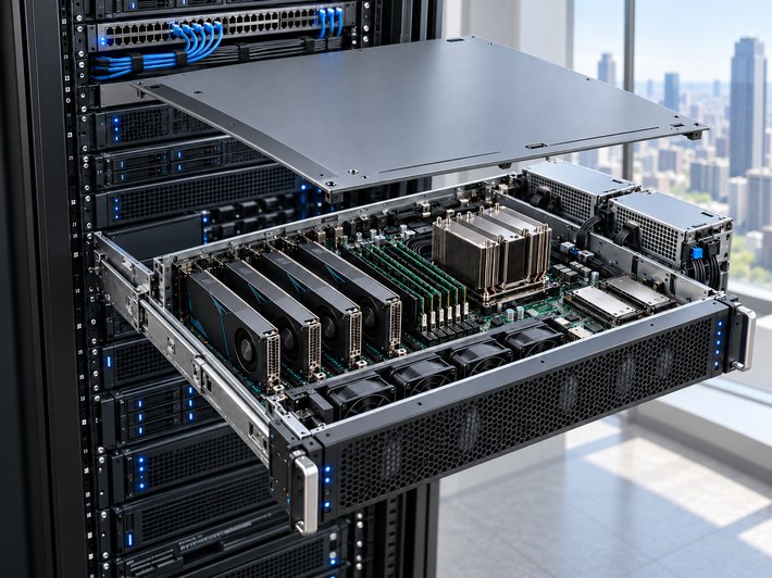A 2U GPU inference server slid out of a rack with its lid off, showing four GPUs, memory, CPU, fans and redundant power supplies