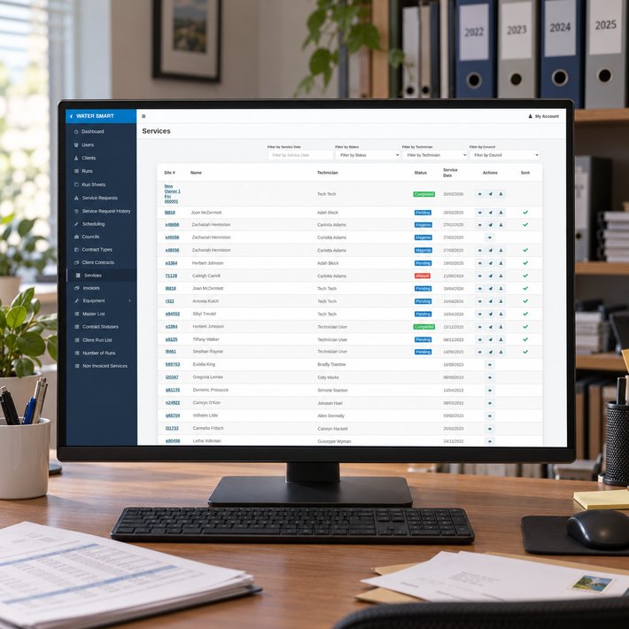 Water Smart services list with sent council reports on an administrator's monitor