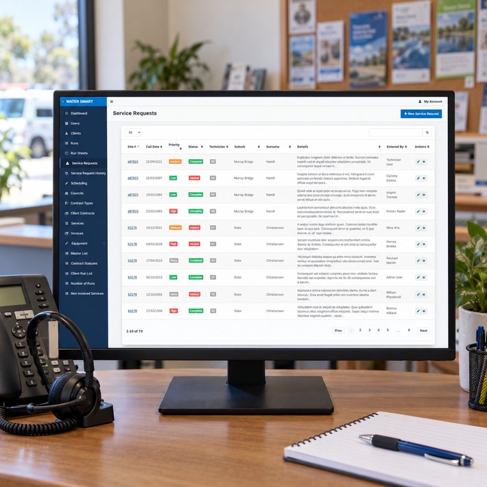 Water Smart service requests list on a reception desk monitor