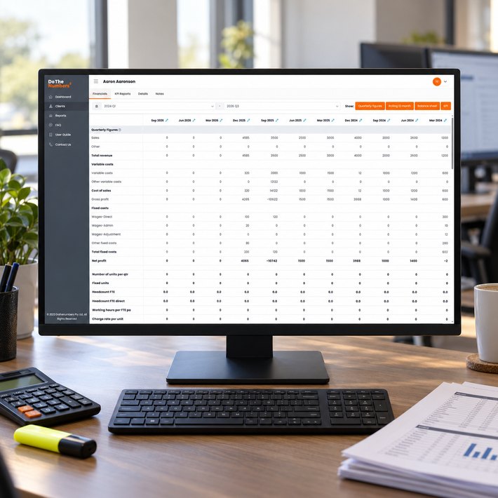 Do the Numbers quarterly figures grid on an accountant's monitor