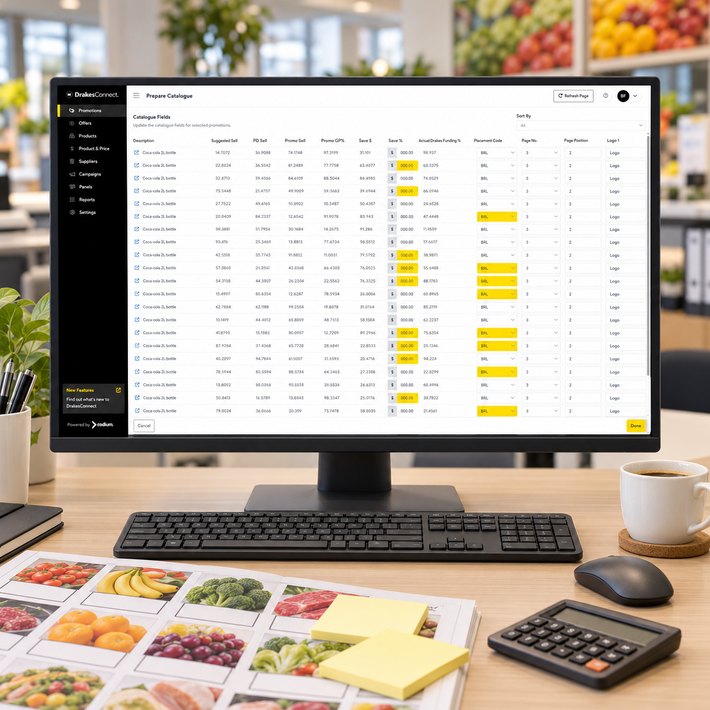 DrakesConnect prepare catalogue sheet on a monitor beside a printed catalogue proof