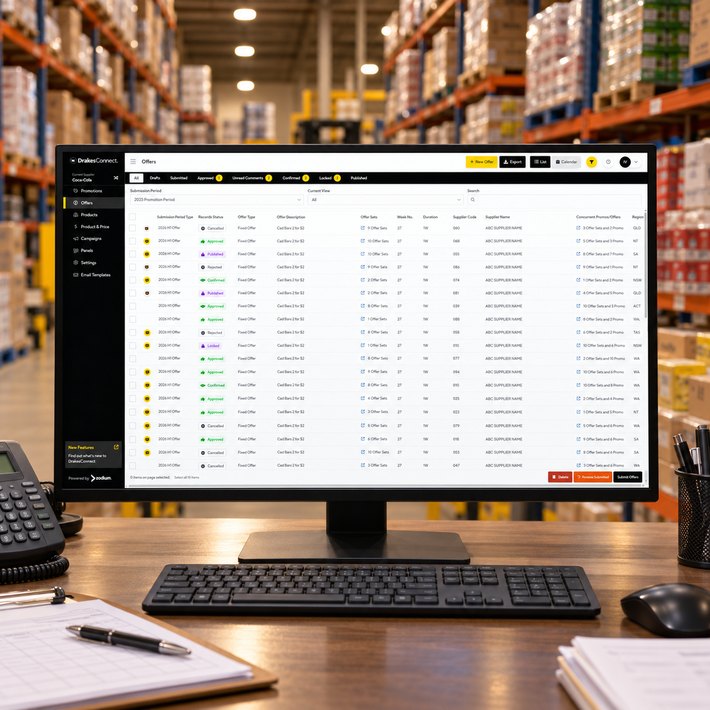 DrakesConnect supplier offers list on a monitor in a supplier's warehouse