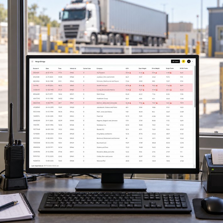 Weighbridge docket list on the operator's monitor in the weighbridge hut with a truck on the bridge outside