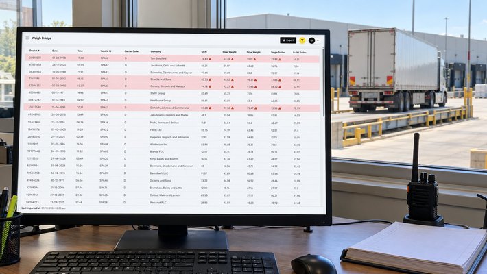 Weighbridge docket list on the operator's monitor with a truck on the weighbridge outside