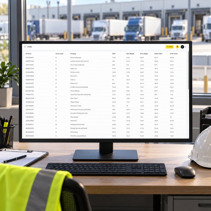 Vehicle profiles with weight limits on a transport coordinator's monitor with trucks at the docks outside
