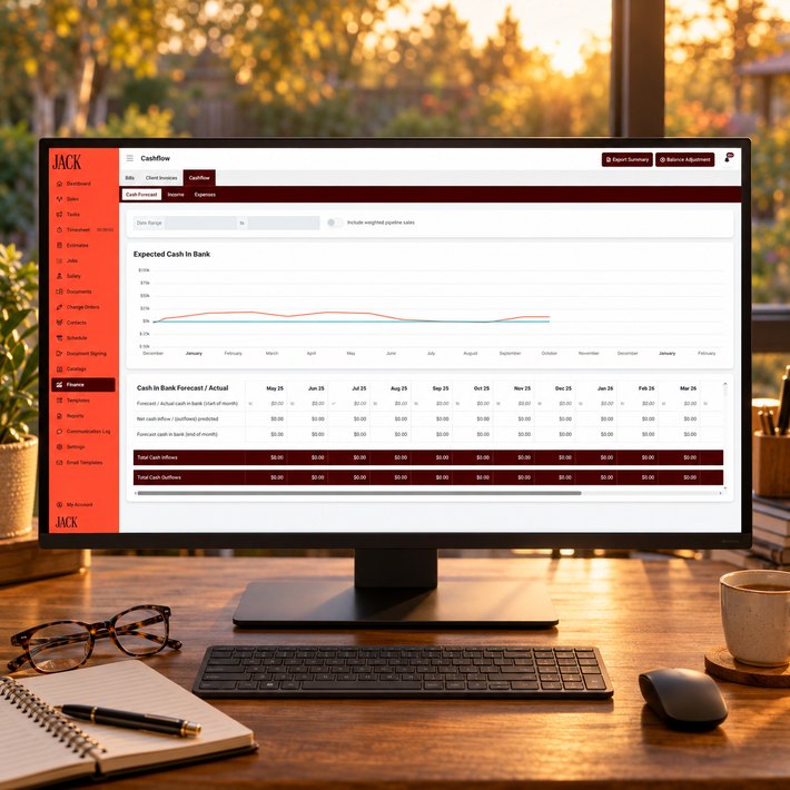 JACK cashflow forecast on a building company owner's monitor