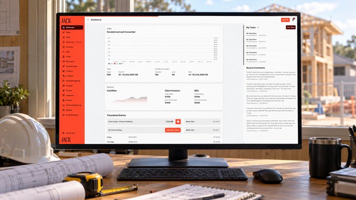 JACK dashboard on a monitor in a builder's site office with a house frame outside