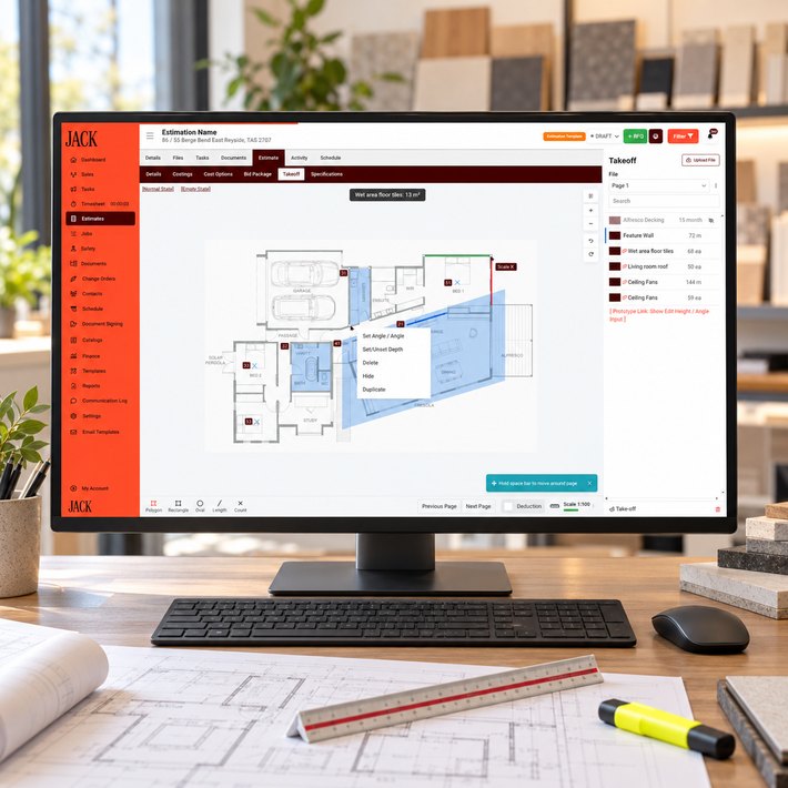 JACK digital takeoff over a house floor plan on an estimator's monitor