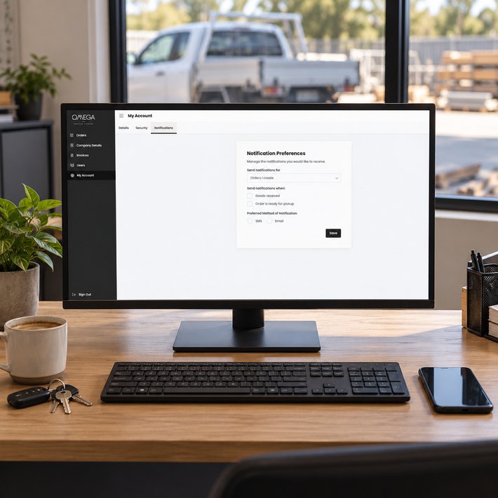 Omega Coaters notification preferences screen on a client's reception desk monitor