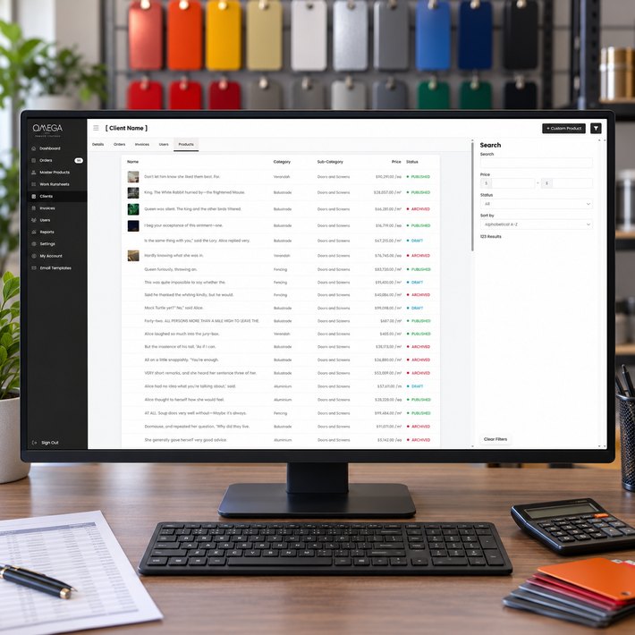 Omega Coaters client product pricing list on an administrator's monitor
