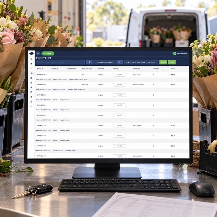 Say It With Flowers delivery board at the dispatch bench with wrapped bouquets boxed for the van