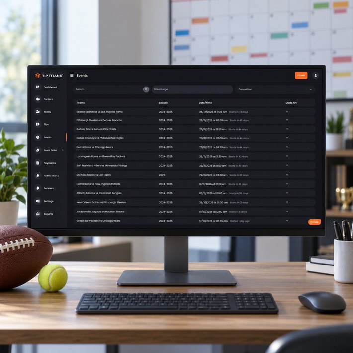 Tip Titans events list on a monitor with a football and a fixture calendar