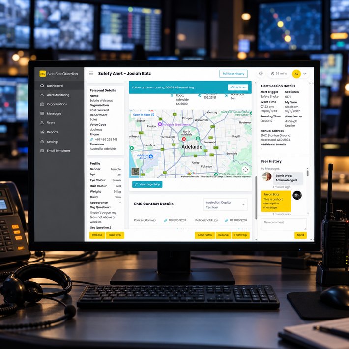 Worksafe Guardian safety alert screen with live location map on a monitoring centre operator's monitor